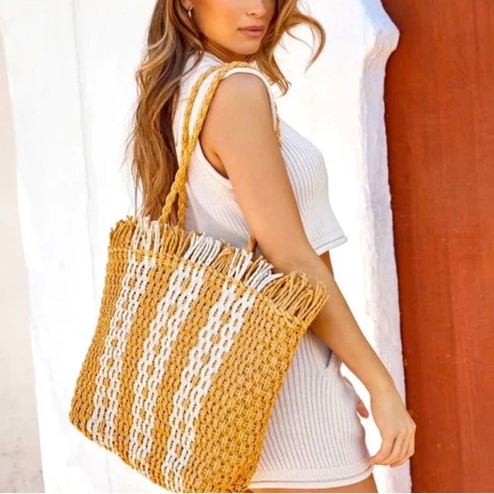 Vici Tan and White Woven Tote Vacation bag